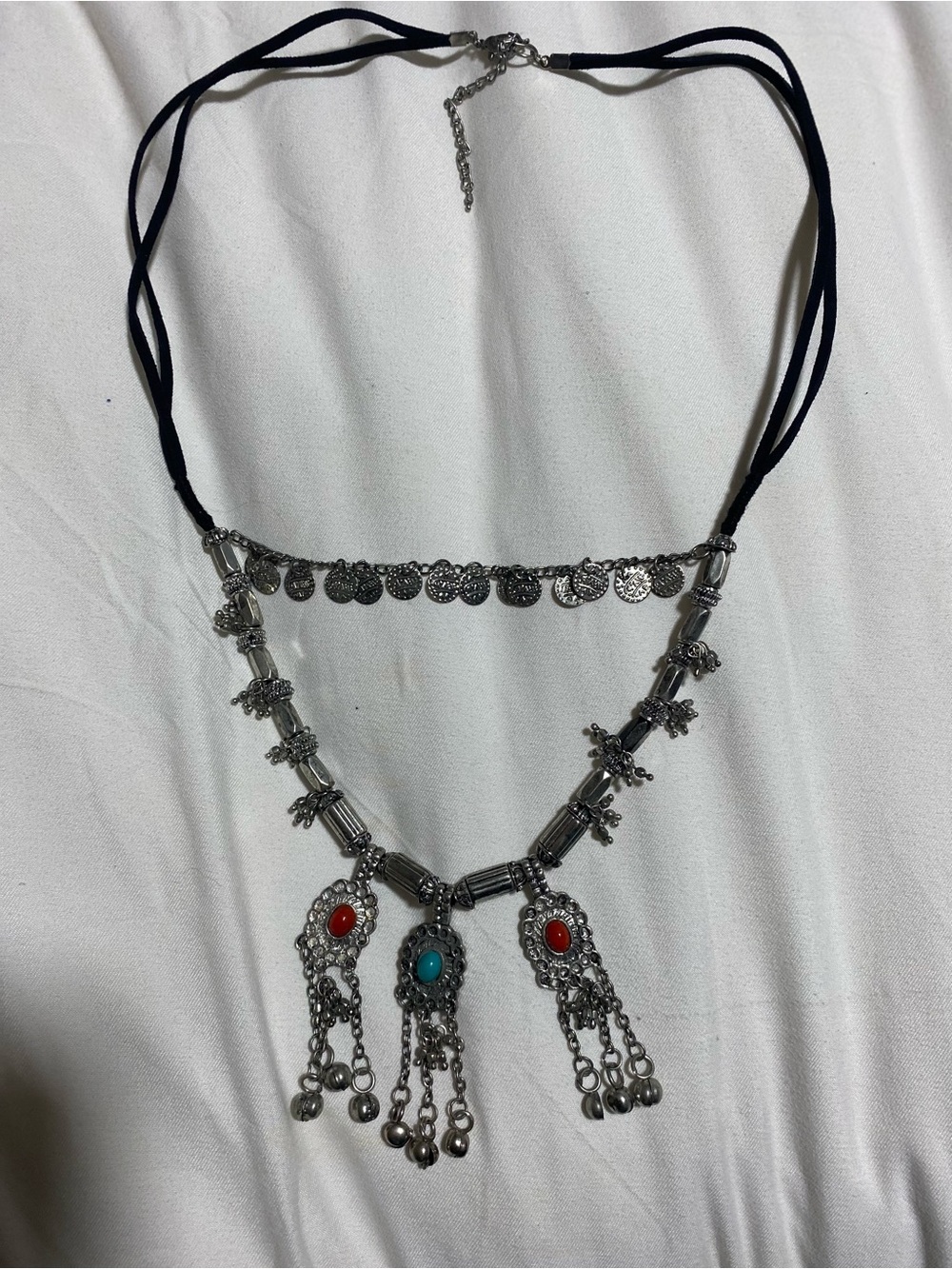 Silver-Tone Boho Pendant Necklace with Red and Turquoise Accents
